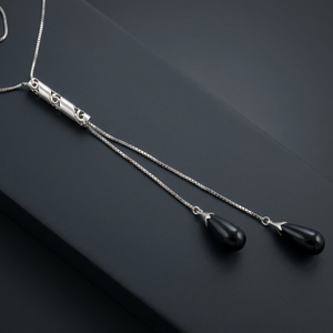 Classic Dainty 925 <b>Silver</b> Rhodium Plated Lariat Necklace with Black Onyx Water Drop Pendant <b>Snake</b> <b>Chain</b> Unisex Everyday Wear - Product Image 4