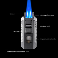 Briquet à cigares triple flamme personnalisé avec logo laser JH Wholesale, en alliage de zinc, design jet, rechargeable