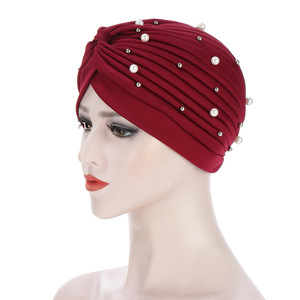 Turban Bonnet pour Femme à Perles et Plis, Couleur Unie, Chapeau Turban, Hijab Intérieur, Bonnet de Chimiothérapie, <span class=keywords><strong>Foulard</strong></span>, Bandanas Indiens - Product Image 3