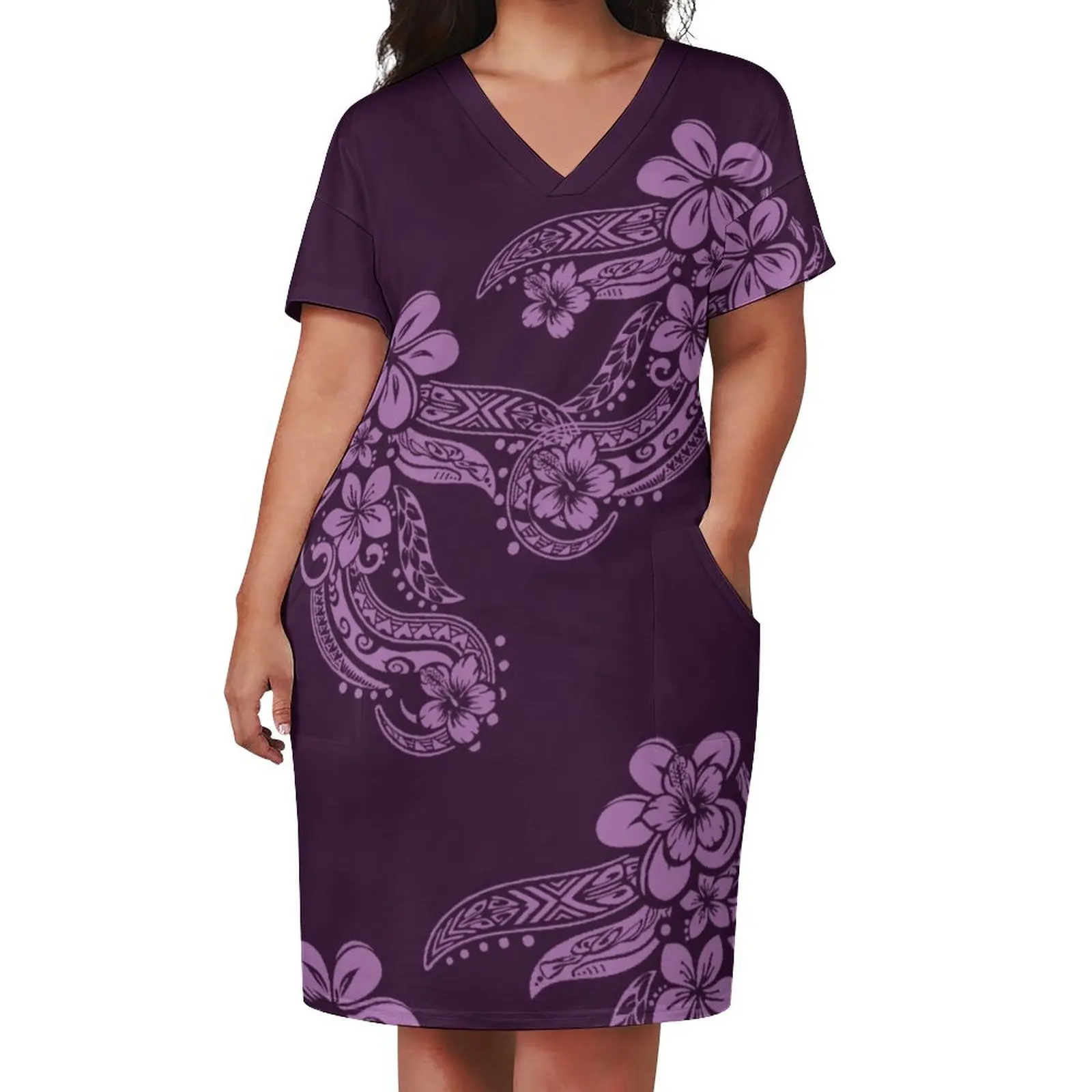 wholesale polyester cotton polynesian dress loose plus size women summer casual dress purple plumeria print tribal dress
