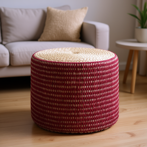 Pouf Rotondo Intrecciato Larissa in Rattan Naturale Marrone, Sgabello Ottoman per Arredamento Soggiorno - Product Image 2