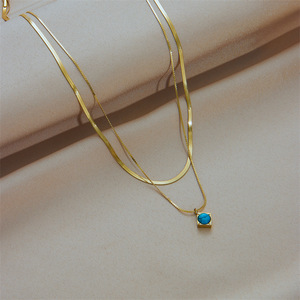 European American Fashion Double Layer Titanium Steel Turquoise Square Pendant Necklace Geometric Design Gold Color - Product Image 2