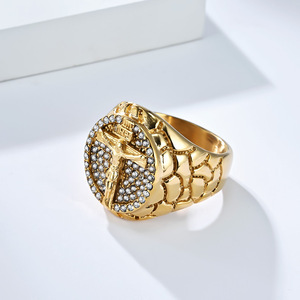 Retro Hip Hop Cross Full Diamond <b>Ring</b> Band <b>Titanium</b> Steel Plated 18K Gold Men's Jewelry - Product Image 3