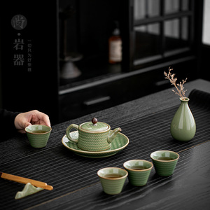 Retro Pottery Teapot And <b>Cups</b> <b>Set</b> Bamboo Green Glaze 6 Piece Kung Fu <b>Tea</b> <b>Set</b> With Lid For Afternoon <b>Tea</b> - Product Image 1