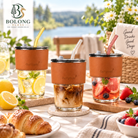 Gobelet en verre épais de 450 ml avec logo personnalisé, couvercle à paille et manchon, couleurs ambre, gris fumé, transparent, réutilisable pour café glacé Bolong