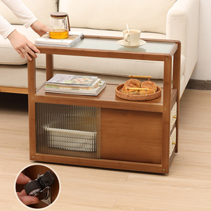 Meuble d'appoint de canapé en bois massif avec plateau en verre et étagères de rangement avec tiroirs, mobilier de salon - Product Image 4