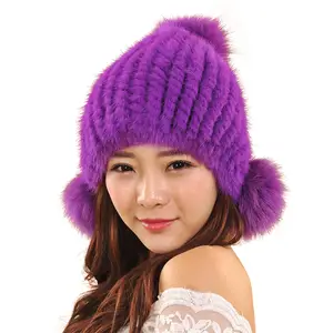 Lovely Real Knitted Custom Ladies Winter Beanie Caps Russian Style Mink Fur Hat Winter Hat