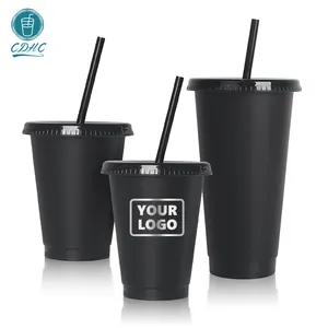 批发16盎司24盎司黑色冷杯不倒翁BPA免费可重复使用塑料杯带盖和吸管冷饮塑料杯