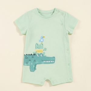 Barboteuse Bébé Brodé Grenouille Mignonne Manches Courtes Blanche avec Accents Bleu Marine en Coton Doux Fermeture à Boutons-Pression Vêtement d'Été pour Nourrisson - Product Image 3