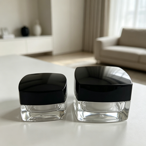 2026 Square Transparent <b>Glass</b> Cosmetic <b>Jar</b> With Black Plastic <b>Lid</b> 30ml 50ml Empty Container For Cream Makeup Storage - Product Image 1