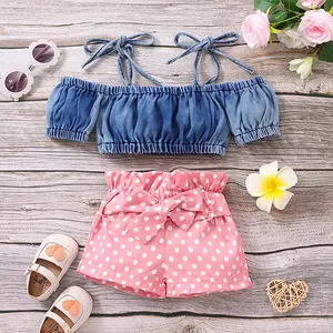 2022 Summer Toddler Girls Outfits Off Shoulder Tie Up Spaghetti Straps Sling Denim Tops Dots Print Shorts 2PCS Kids Clothes Set