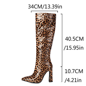 Large Size 47 Women High Square Heels Long Booties Side Zipper Leopard Print Patent Knee High Boots Wide Fit <b>Shoes</b> - Product Image 6