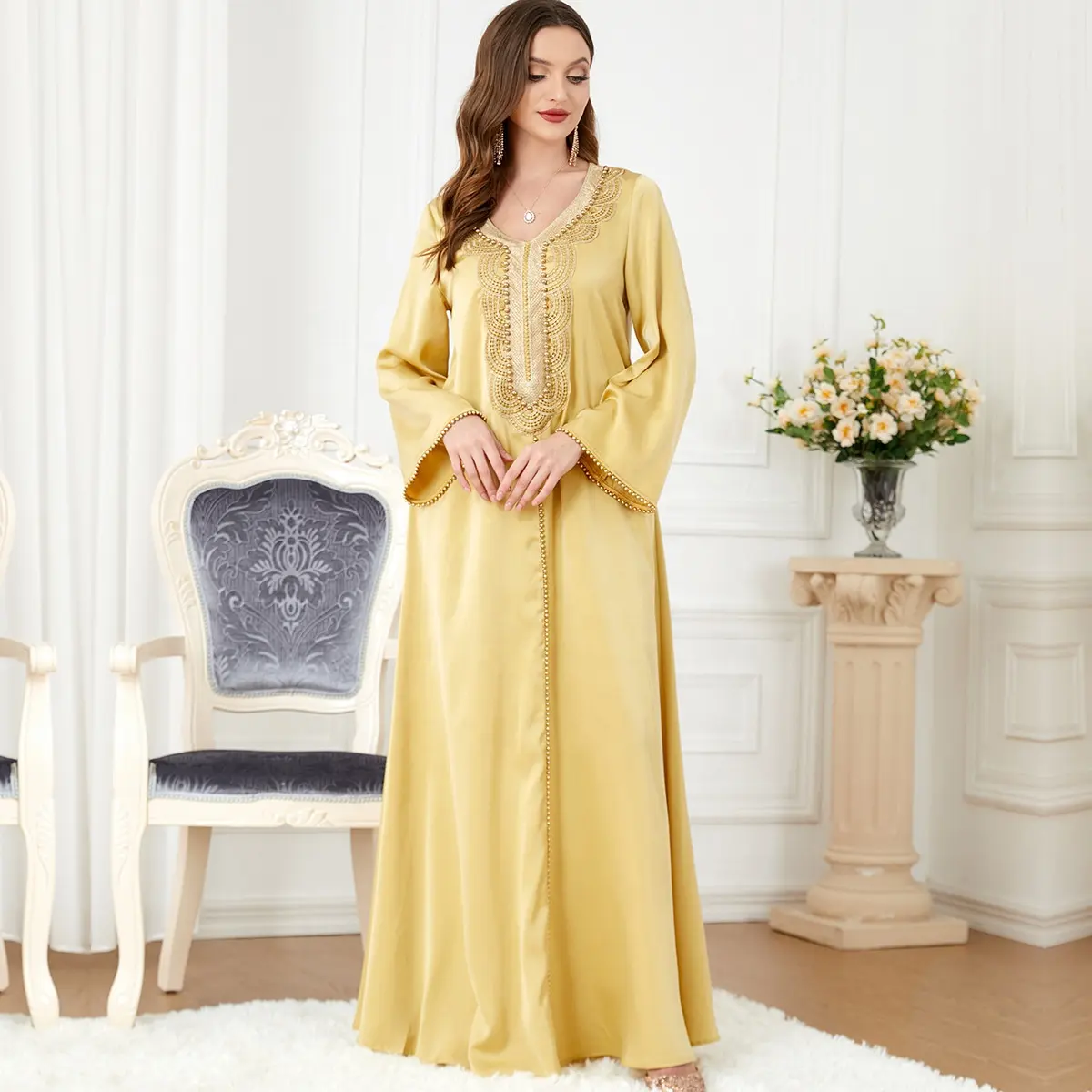 Moslim Vrouwen Dames Abaya Moslim Kralen Dubai Abaya Groothandel Maxi Jurk Dames Abaya Voor Moslim Kleding