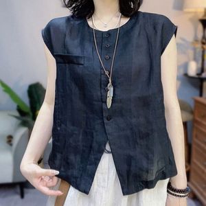 Women's Linen Sleeveless Vest Apricot Pink Gray Navy Blue Breathable Woven Round Neck Single Breasted Summer Top - Product Image 4