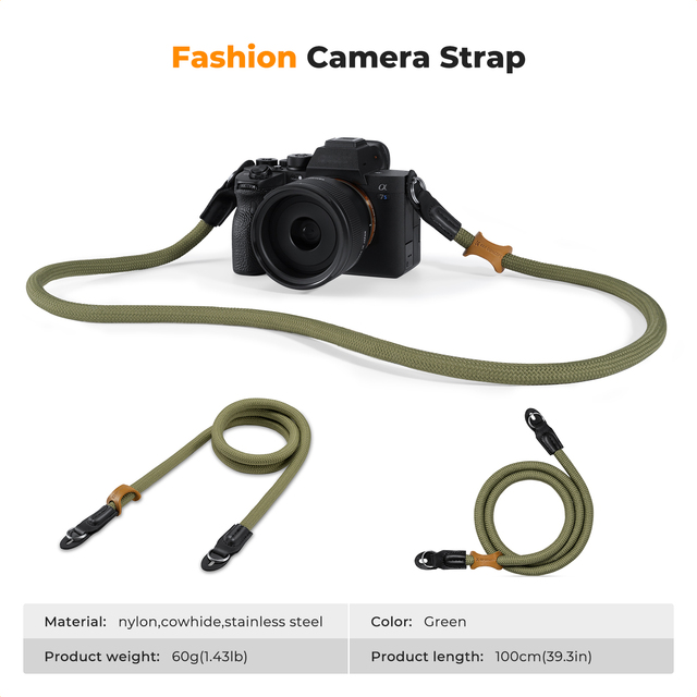 K&F Concept Green and Black Camera Neck Strap Main Cotton Rope 10mm Polyester Round Rope 1 Meter Long