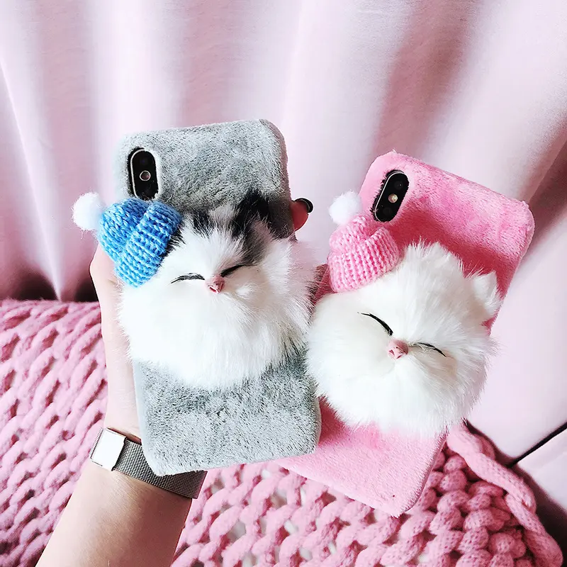 cute fur plush hard pc 2 in 1 winter beautiful fluffy cartoon cat fox girly phone case for iphone 11 se 2020 huawei mate 30 pro