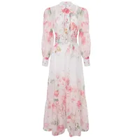Robe élégante en mousseline à manches longues avec col montant et ourlet à volants, coupe ajustée pour le printemps et l'automne, vente en gros
