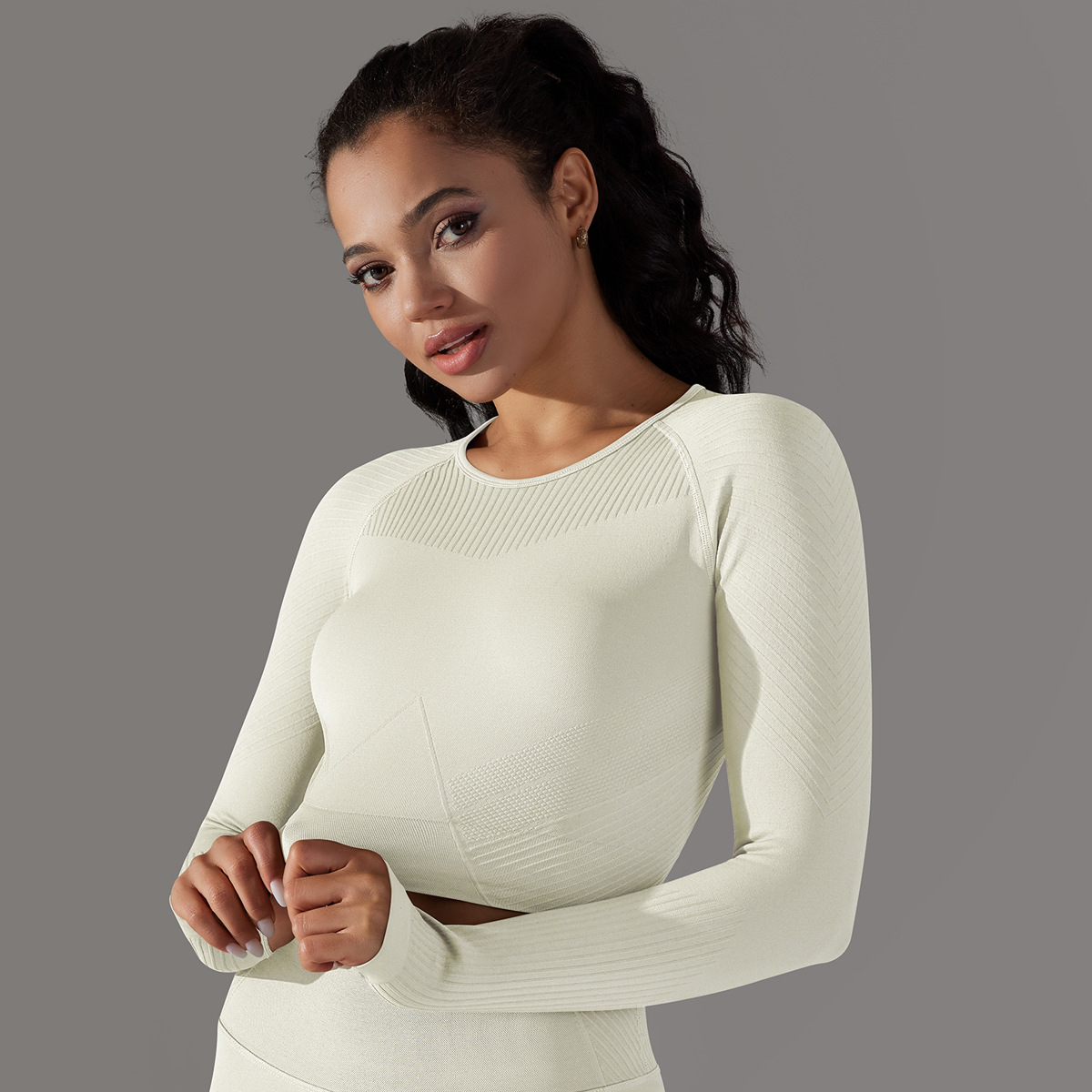 High Elastic Seamless Jacquard Yoga Long Sleeve - Solid Color Tight Fit for Gym & Sports