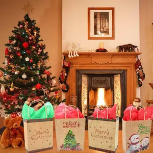 Venta al por mayor de impresión personalizada de alta calidad marrón bolsa de papel Kraft para Navidad bolsa de papel de regalo bolsa de embalaje de papel