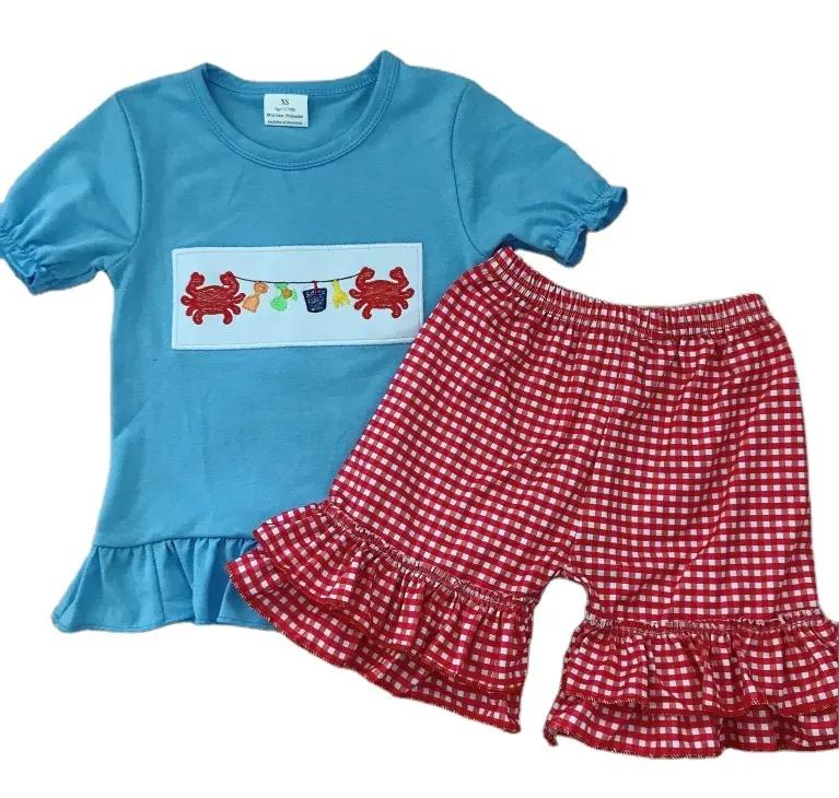 Setelan Pakaian Butik Desain Bordir Lucu Anak-anak, Pakaian Musim Panas Anak Perempuan dan Laki-laki Tanpa Moq RTS