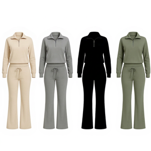 Nouvel arrivage de vêtements de détente Ensemble de survêtement 2 pièces pour femmes Ensemble de pantalons pull décontracté Sweat à capuche de fitness à fermeture éclair avec pantalon à jambes larges - Product Image 1