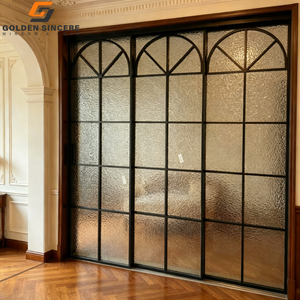 Puerta Corredera de Vidrio Texturizado con Marco Negro GS, Diseño de Marco Delgado Arqueado, Puerta Interior Francesa - Product Image 1