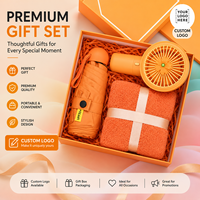 Set Hadiah Premium Branding Kustom MOQ Rendah Kipas Mini Bergaya Payung UPF50+ Handuk Kit untuk Hadiah Ulang Tahun Perusahaan