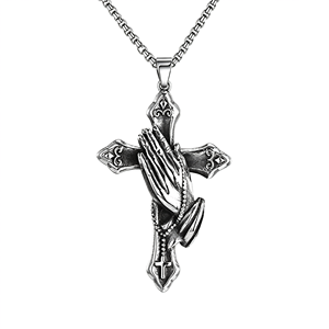 Collier avec pendentif croix mains en prière en acier inoxydable, bijoux vintage punk hip hop - Product Image 2