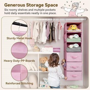 Hanging Closet Organizer <b>6</b>-Shelf Detachable With Side Pockets For Bedroom Clothing Storage Fabric Non Woven Material - Product Image 5