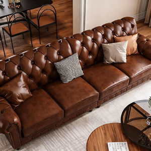 Set di Mobili in Legno Massello e Pelle in Stile Country Americano Retrò con 123 Combinazioni, Divano Chesterfield per Soggiorno con Imbottitura in Spugna - Product Image 4