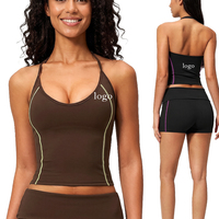 Pakaian Dalam Tank Top Yoga Jahitan Kontras Buatan Khusus dengan Bantalan yang Dapat Dilepas, Model Slim Longline Halter Neck, Produsen Rompi Olahraga