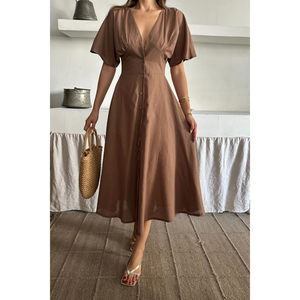 High Quality Brown <b>Linen</b> V-Neck Button-Down <b>Dress</b> for <b>Women</b> Elegant Custom Design Size XS for Office Wear or Daily Use - Product Image 3