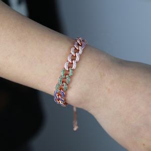 Bracciale a Catena Cubana con Micro Pavé di Zirconi <span class=keywords><strong>Arcobaleno</strong></span>, Placcato Oro e Oro Rosa, Misura Regolabile - Product Image 5
