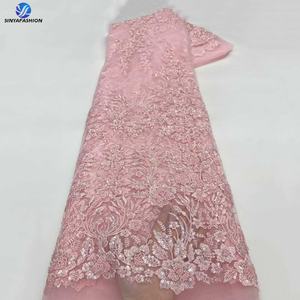 Pizzo Francese Africano Blu Navy Sinya 5 Iarde Alta Qualità Lussuoso Pizzo in <span class=keywords><strong>Tulle</strong></span> con Paillettes <span class=keywords><strong>Ricamato</strong></span> e Perline <span class=keywords><strong>Bianco</strong></span> Rosso Rosa - Product Image 5