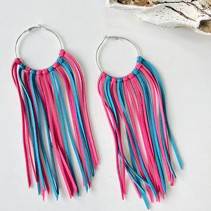 Orecchini pendenti in pelle lunga Cowboy occidentale orecchini a cerchio con nappe spesse che bloccano il colore esagerato all'ingrosso - Product Image 5