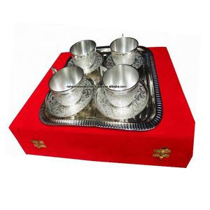 Ensemble de tasses et sous-tasses en laiton plaqué argent, avec plateau rectangulaire, pour hôtel et cadeaux - Product Image 1