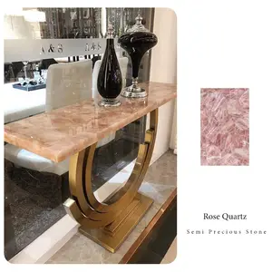 Roze Natuursteen Tafel Top Rose Quartz Gold Rvs Base Console Meubels