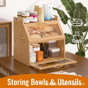 Boîte à pain double couche en bambou avec porte-couteau, couvercle rabattable, couleur bois naturel, grande capacité, armoire de rangement pour la cuisine - Product Image 4