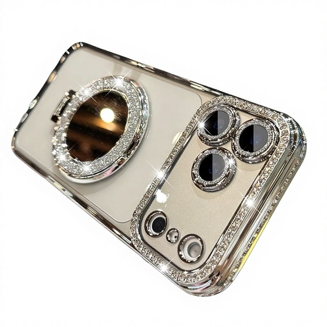 For for 17ProMax Mobile Phone Case Glitter Mirror Magnetic Bracket IPhone16 Rhinestone Luxury Protective Cover Electroplated