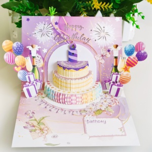 Anniversaire musique ballon feux d'artifice soufflant bougies 3d gâteau carte de voeux en trois dimensions haut de gamme carte de bénédiction Ins Girly coeur - Product Image 4