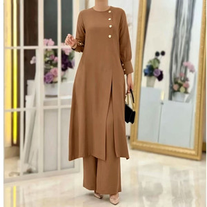 IStapromo Casual Maxi Dress Women Long Sleeve Solid Color Asymmetrical Hem Loose Fit Crew Neck Button Front <b>Three</b> Quarter - Product Image 1