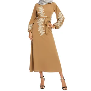 도매 패션 여성 긴 소매 이슬람 긴 드레스 벨트 절묘한 비즈 탄성 커프스 편안한 패브릭 여성 Abaya