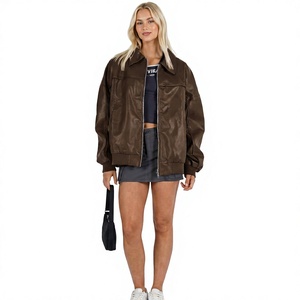 Chaqueta Bomber de Cuero PU para Mujer, Manga Larga, Cuello Camisero, Cierre de Cremallera, Estilo Otoñal, Color Sólido, Material Tejido - Product Image 1