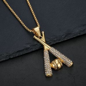 Collar con colgante de bate de béisbol estilo hip hop de Yunnique, chapado en oro, acero inoxidable, con incrustaciones de circonitas, cadena, regalo de joyería para hombres y mujeres - Product Image 1