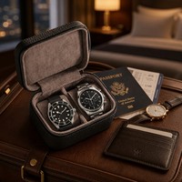 Vente en gros directe d'usine, étui de voyage pour montre avec logo personnalisé, boîte en cuir PU à fermeture éclair pour 2 montres, organiseur de montres pour homme