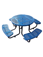 Ensemble table et banc de pique-nique rond moderne perforé bleu OEM 46 pouces pour parc, jardin/extérieur/camping en bord de mer, repas en métal thermoplastique