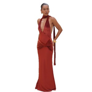 Robe de soirée longue à col halter, dos nu, en satin, pour occasions formelles et banquets - Product Image 5