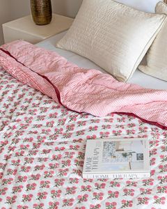 Pink Cherry Blossom Cotton <b>Quilt</b> Block Print Jaipuri Razai Reversible Striped <b>Bedding</b> Twin Queen King - Product Image 5