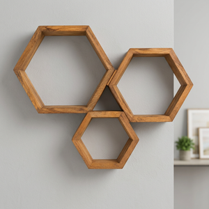 Ensemble d'étagères murales hexagonales en bois de manguier rustique faites à la main - Rangement pour salon - Vente en gros - Product Image 3
