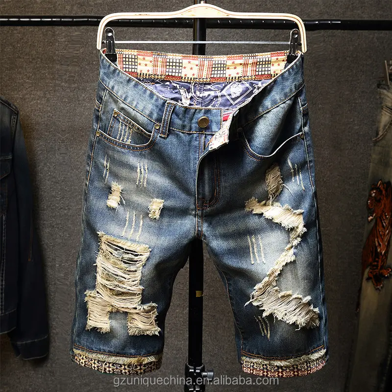 wholesales High Quality Custom denim casual man denim bermuda slim fit distressing ripped stacked jeans shorts pant for men
